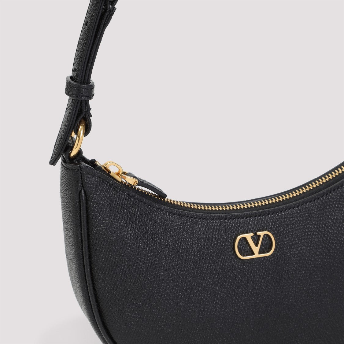 Valentino Garavani Black Grained Calf Leather Mini Hobo V Logo Signature Handbag