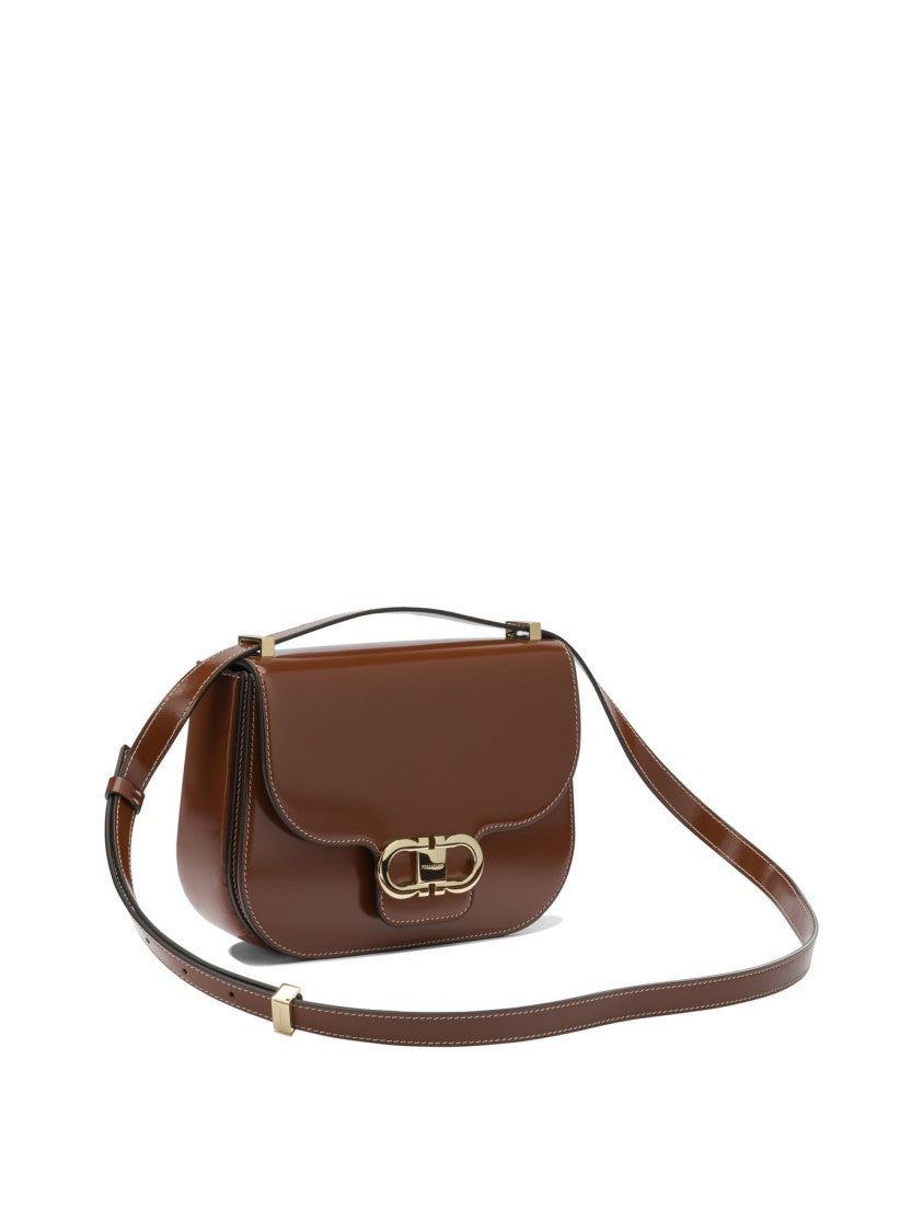 Ferragamo Curved Flap Brown Leather Crossbody Bag With Gold-Tone Gancini Clasp