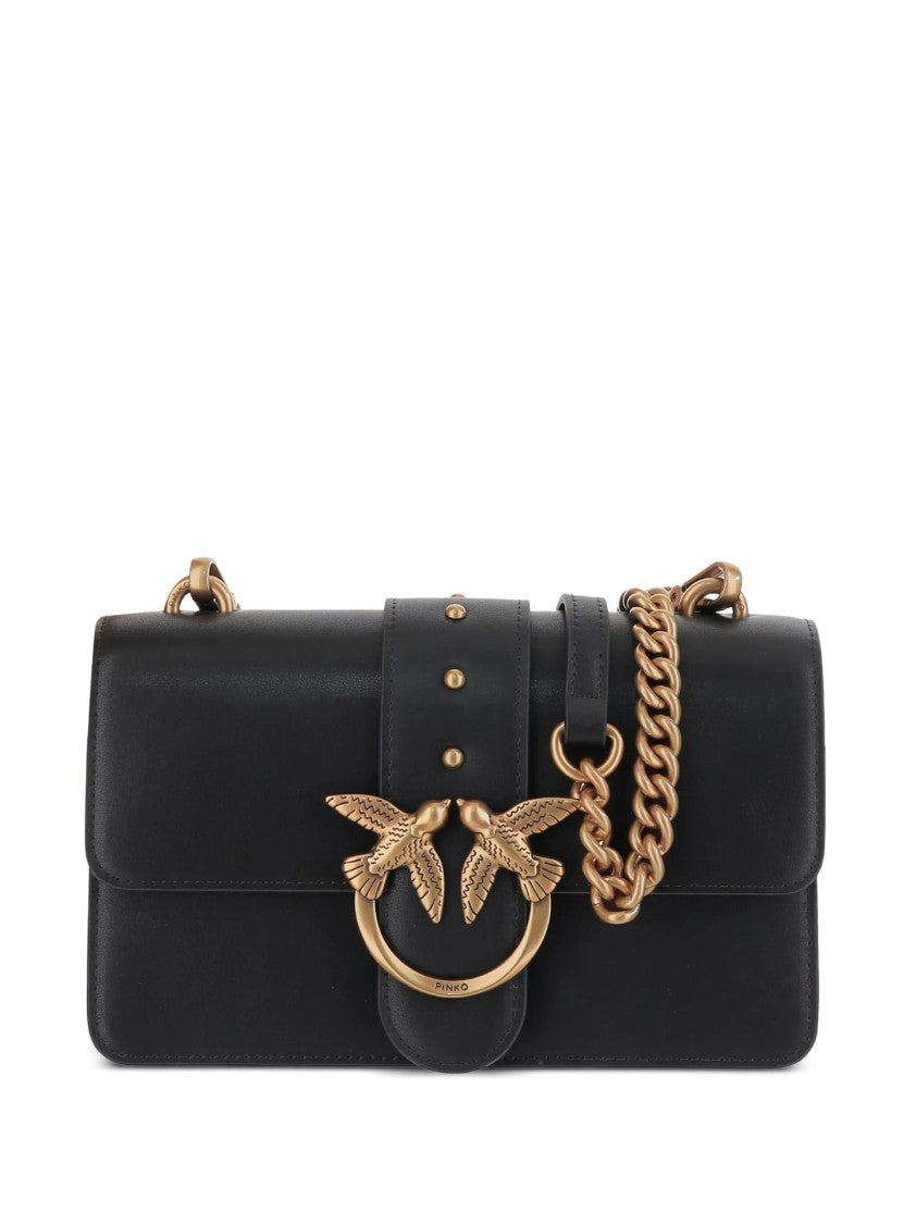 Pinko Structured Black Leather Bag With Gold-Tone Embellishment