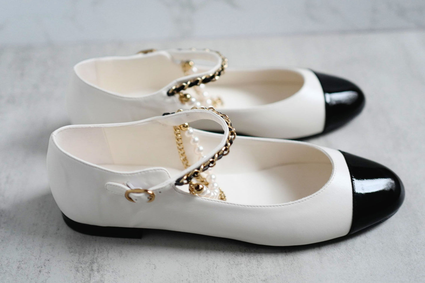 CHANEL Mary Jane Black/White Lambskin Patent Leather Pearl Detail Size 39