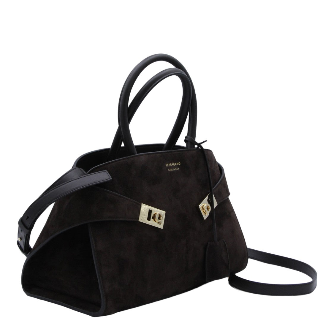 Ferragamo Structured Handbag In Dark Suede With Gold-Tone Accents
