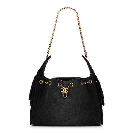 Washed Denim Quilted Small Chanel 25 Handbag Black