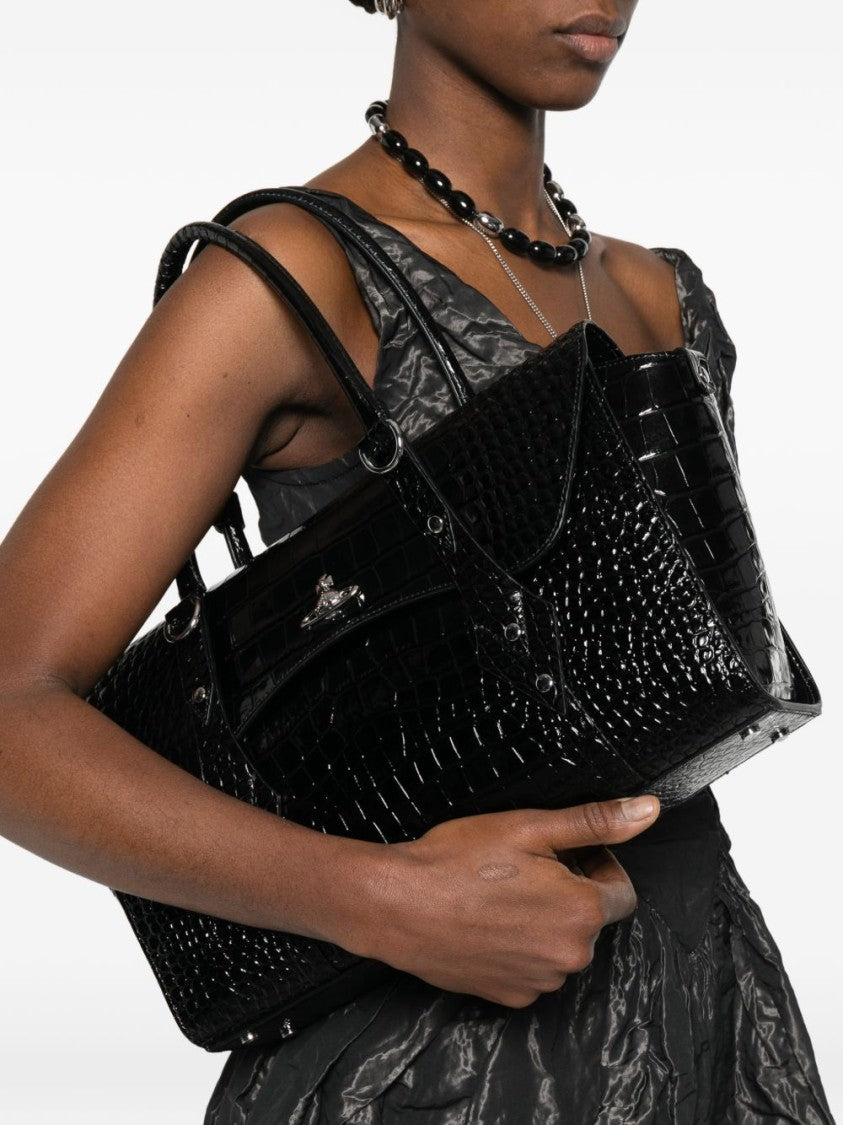 Vivienne Westwood Crocodile-Embossed Black Shoulder Bag With Metallic Emblem