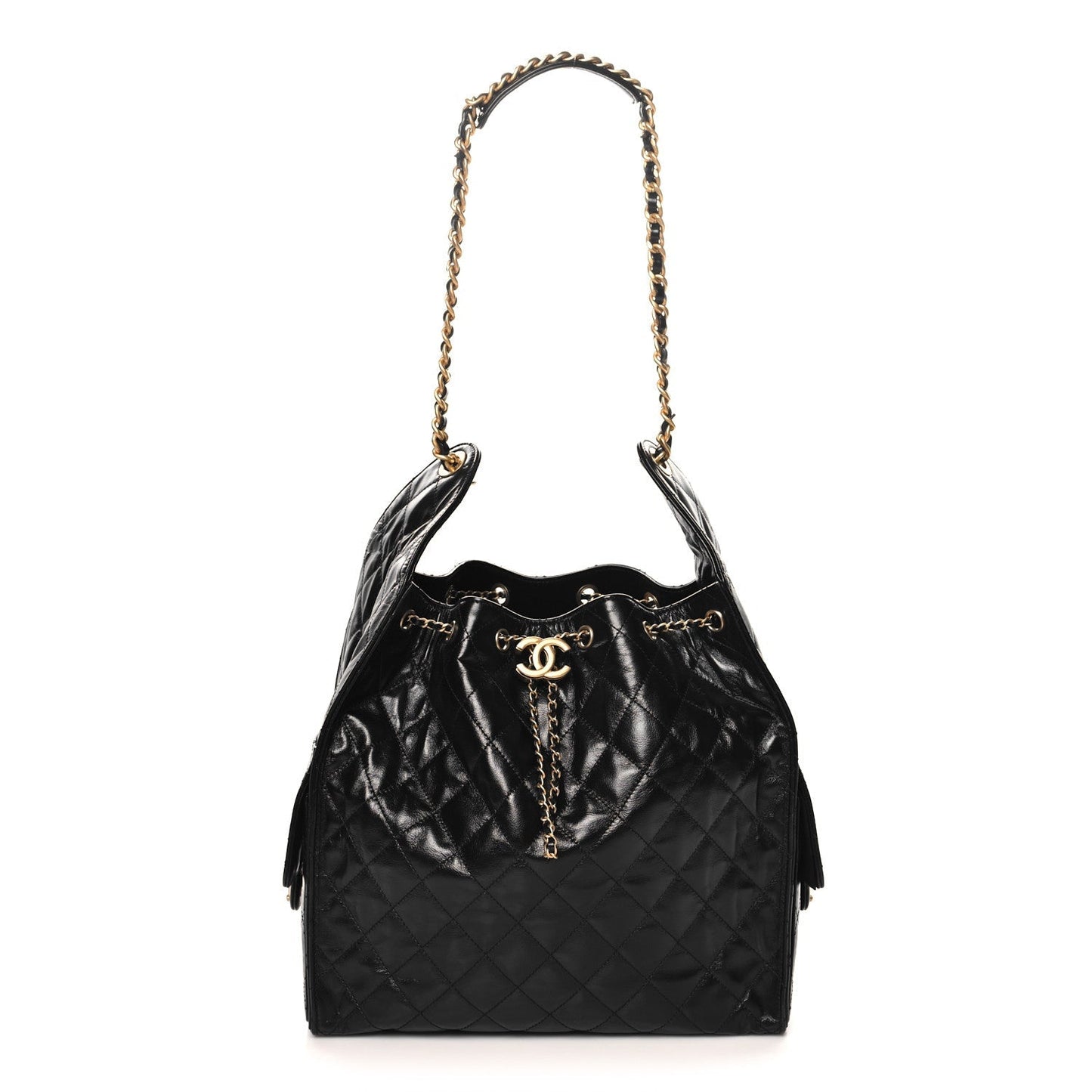 Shiny Crumpled Calfskin Quilted Medium Chanel 25 Handbag Black