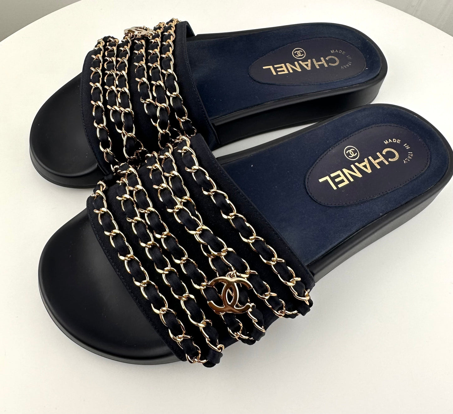 Chanel CC Flat Mules Marine 38