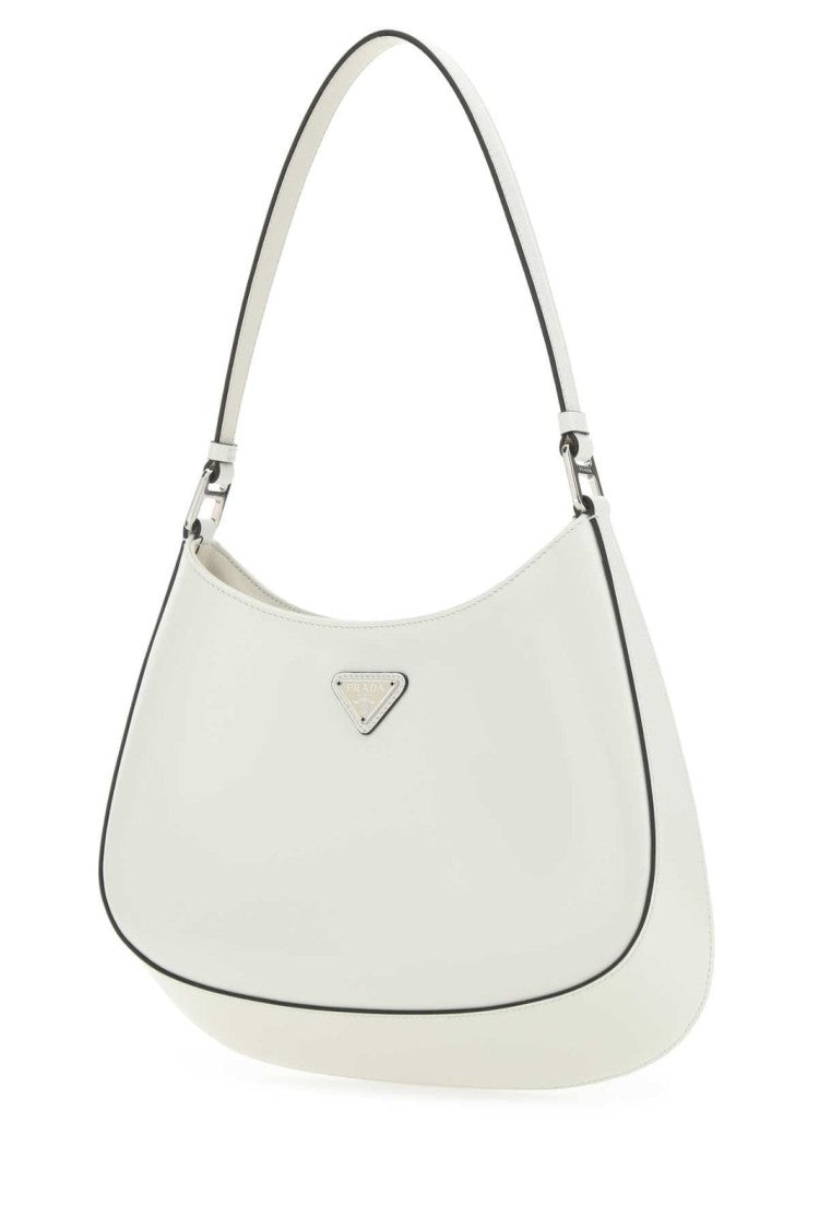 Prada Curved White Shoulder Bag With Triangular Logo And Gold Hardware