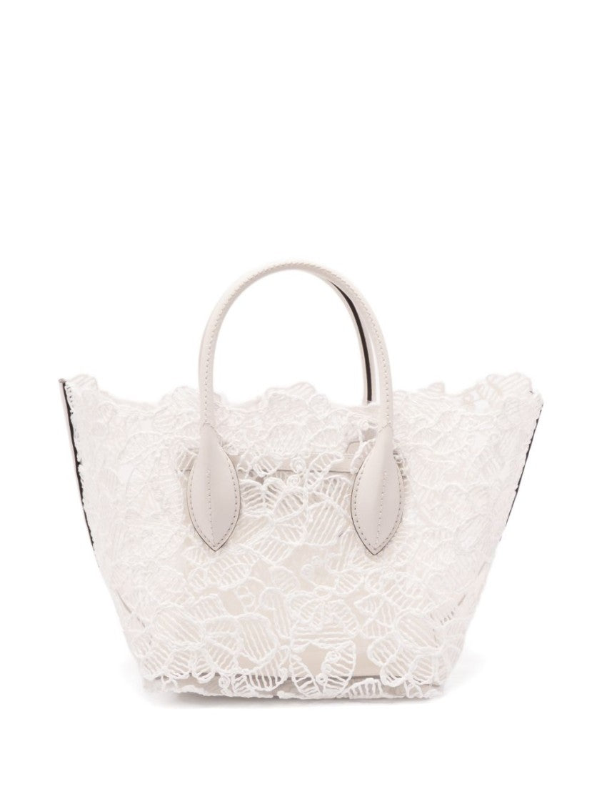 Ermanno Scervino Spacious White Shopper Bag With Lace Overlay And Leather Accents