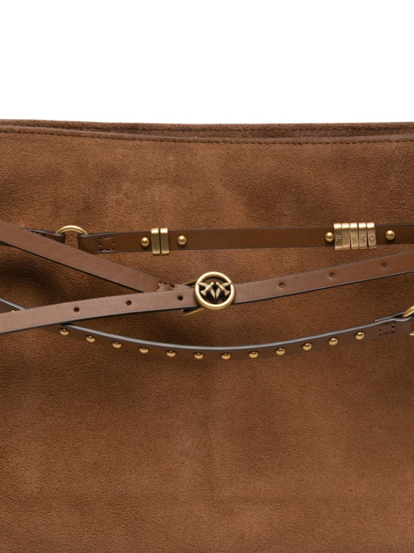 Pinko Brown Calf Leather Shoulder Bag With Gold-Tone Hardware And Suede Finish