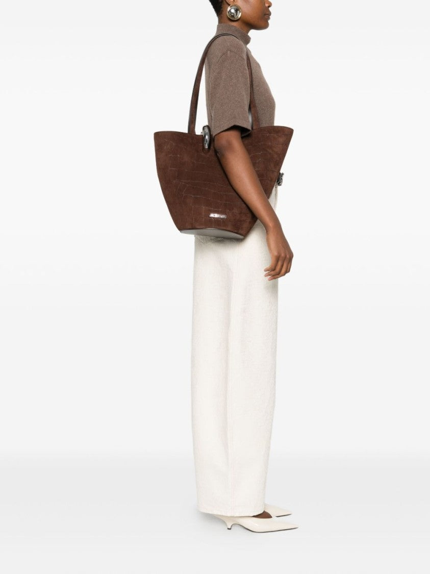 Jacquemus Asymmetrical Dark Brown Embossed Suede Bag