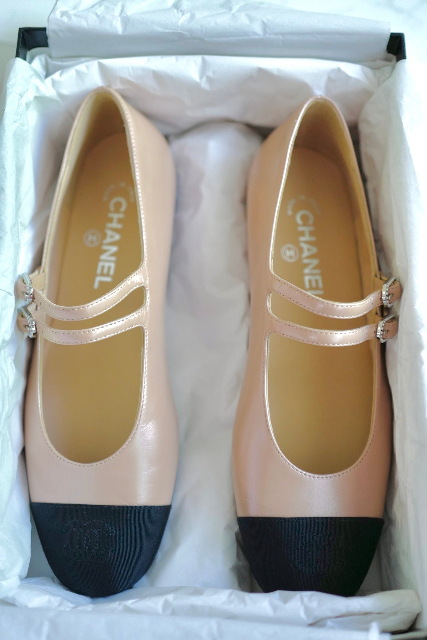 Chanel Lambskin Leather Mary Janes Flats Beige & Black With Straps Size 39