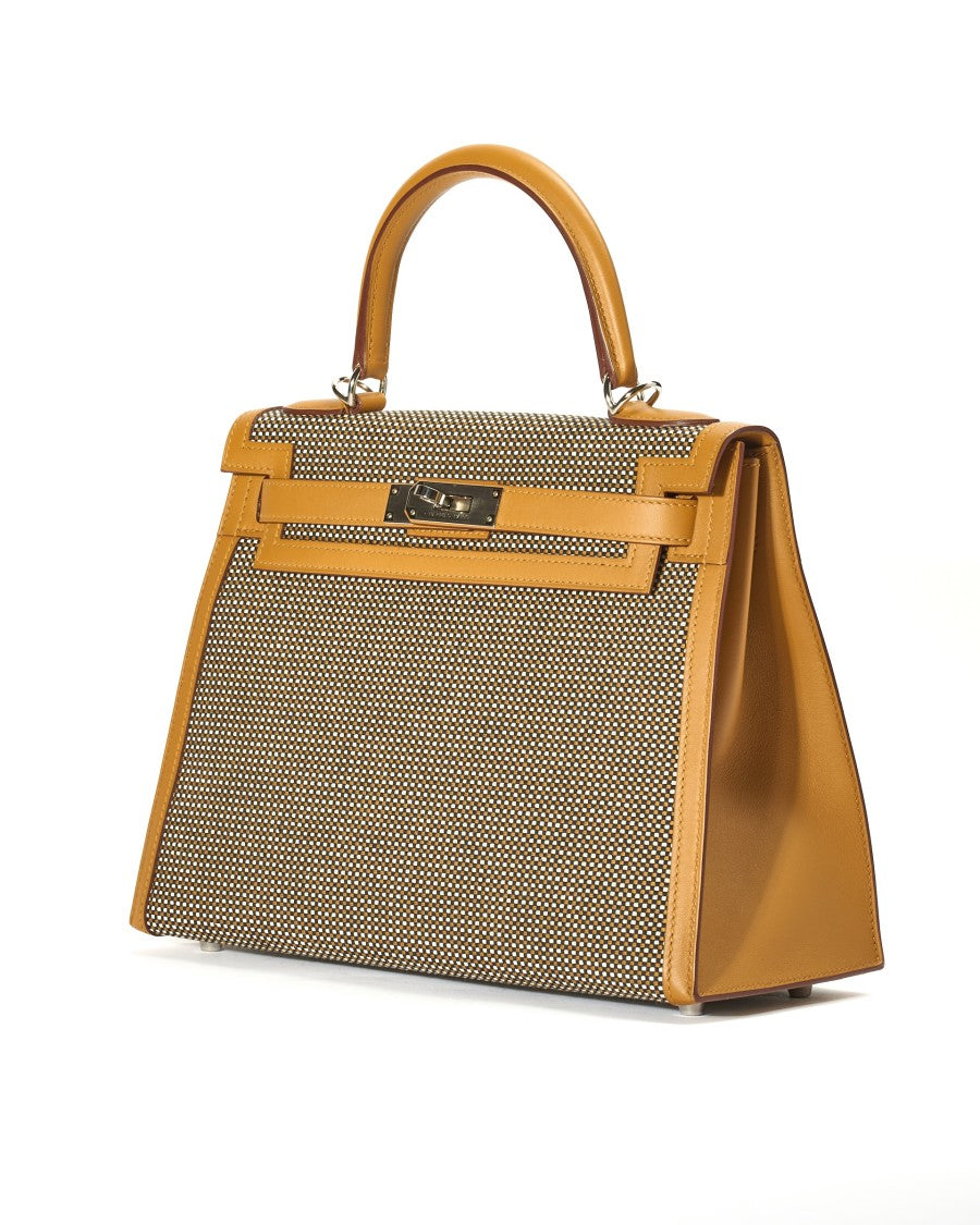 Hermès Kelly Sellier 28 Quadrille Sesame Swift Canvas Bag