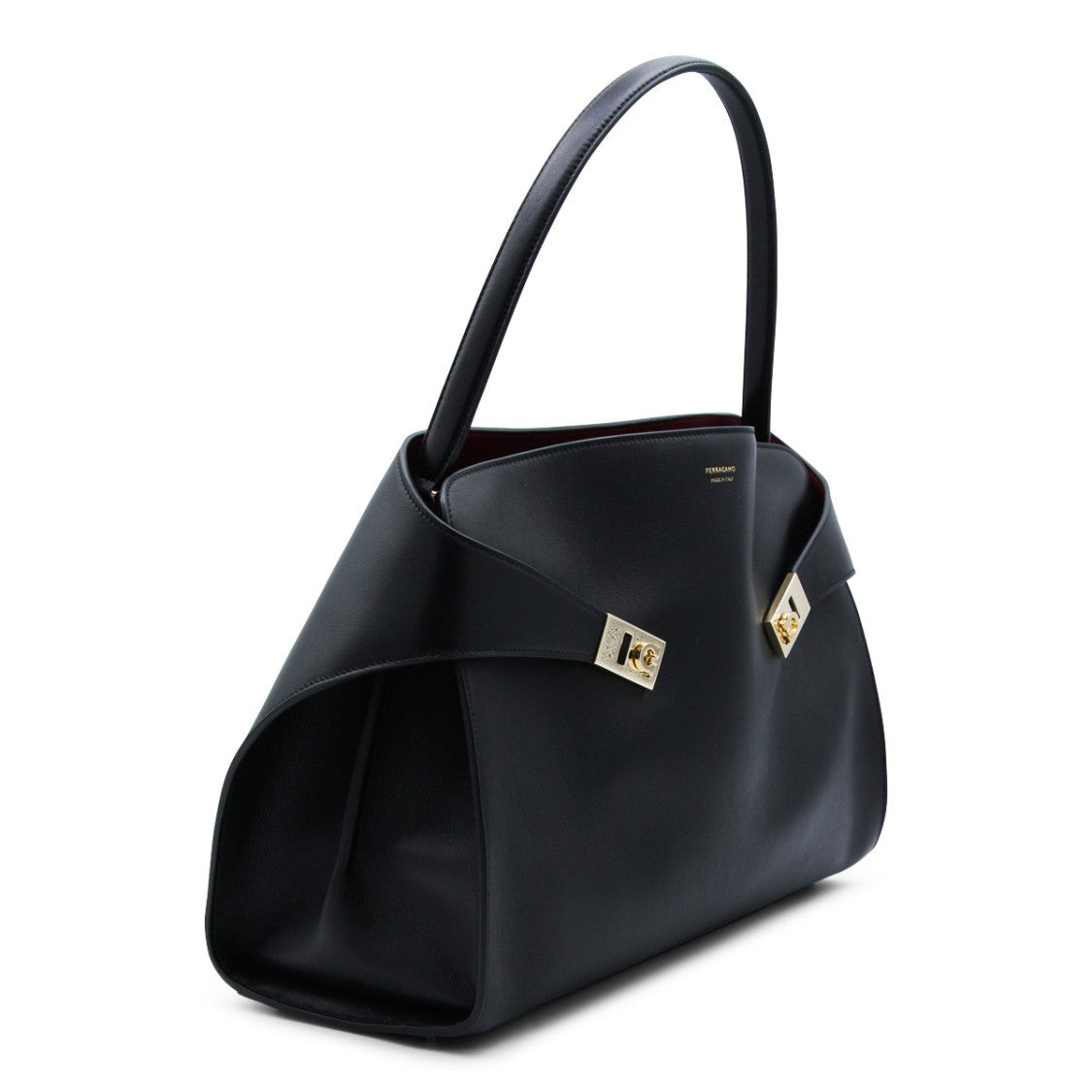 Ferragamo Structured Leather Handbag With Gold Clasps