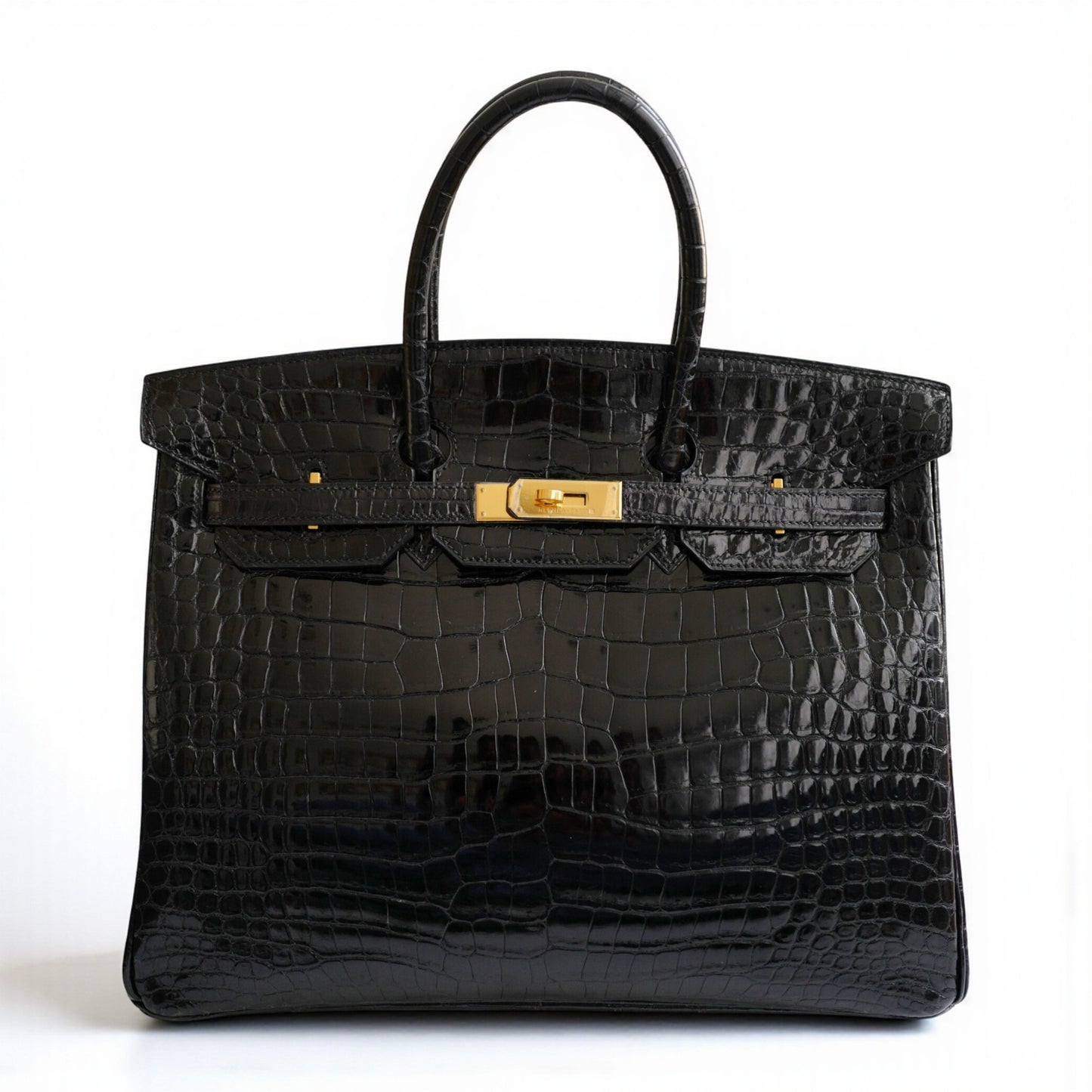 Hermès Birkin 35 Black Shiny Porosus Crocodile Gold HW #D Preowned Condition