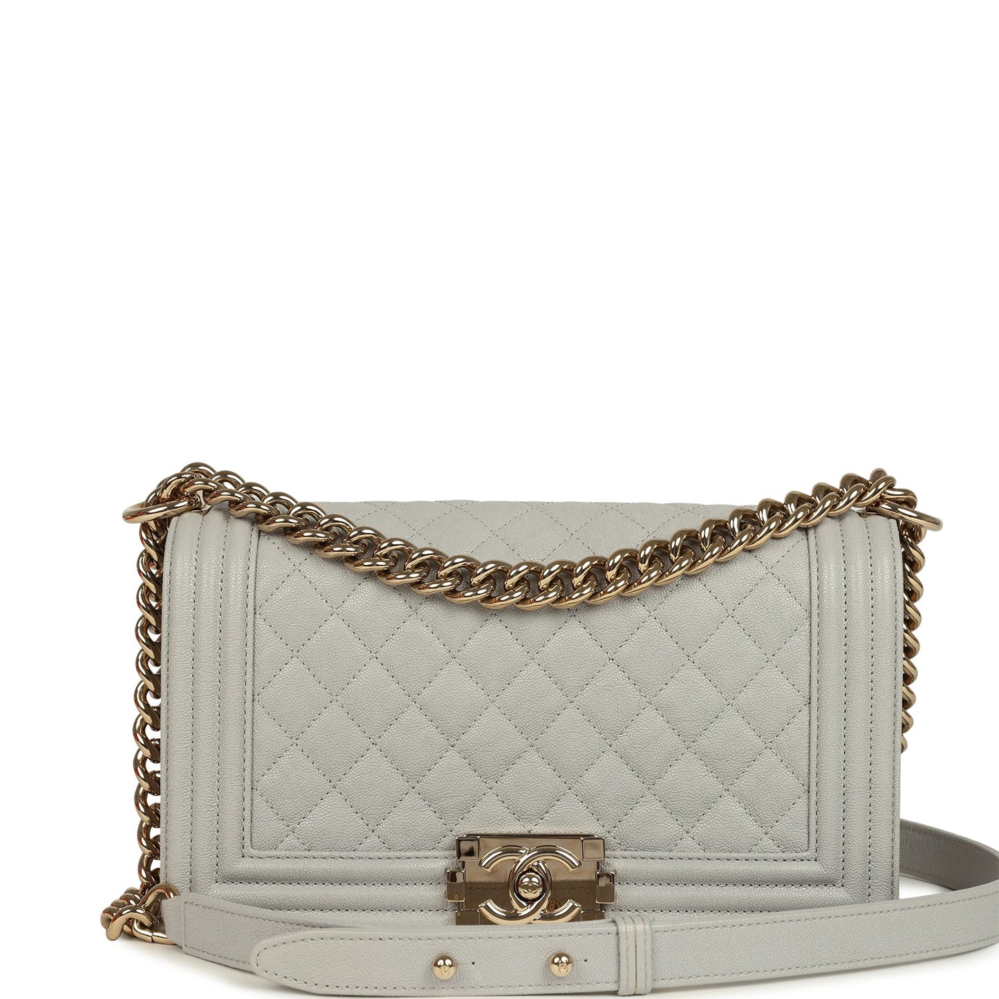 Pre-owned Chanel Medium Boy Bag Grey Shiny Caviar Light Gold Hardware