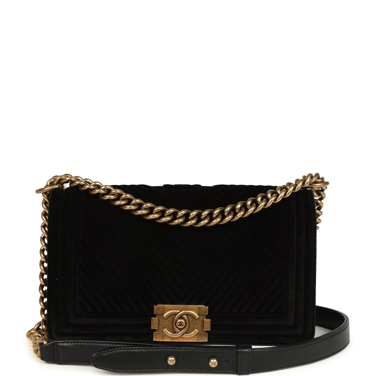 Pre-owned Chanel Medium Boy Bag Black Chevron Velvet Antique Gold Hardware