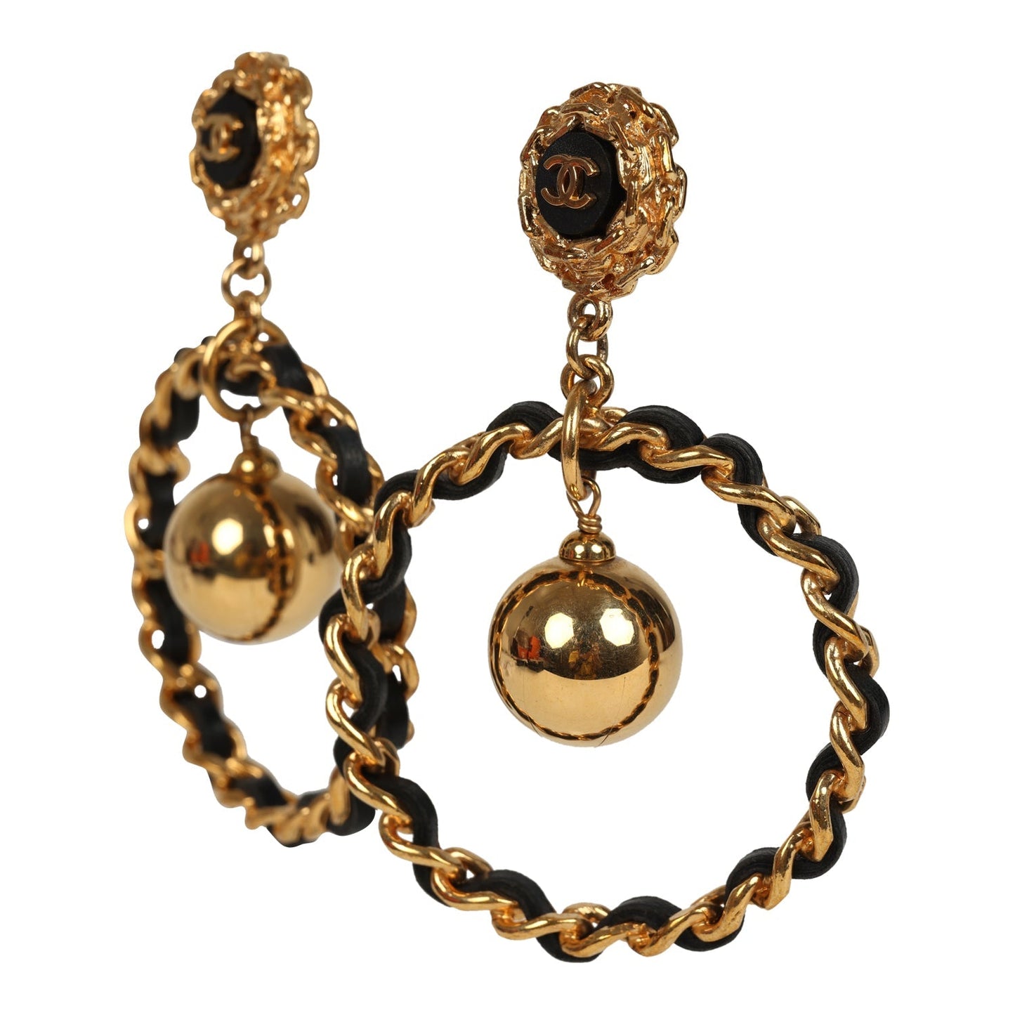 Vintage Chanel Large Chain Link Hoop Dangle Earrings Black Leather and Gold Plated Hardware