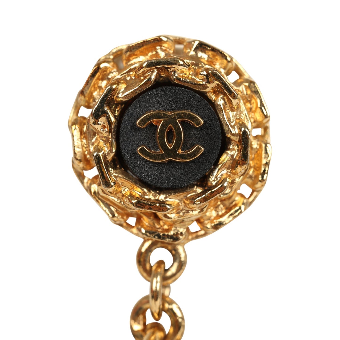 Vintage Chanel Large Chain Link Hoop Dangle Earrings Black Leather and Gold Plated Hardware