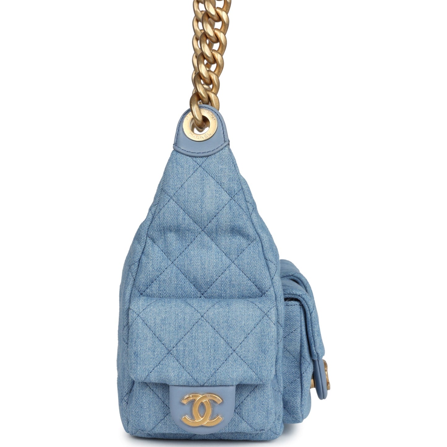 Chanel Large Cargo Hobo Bag Light Blue Washed Denim Brushed Gold Hardware