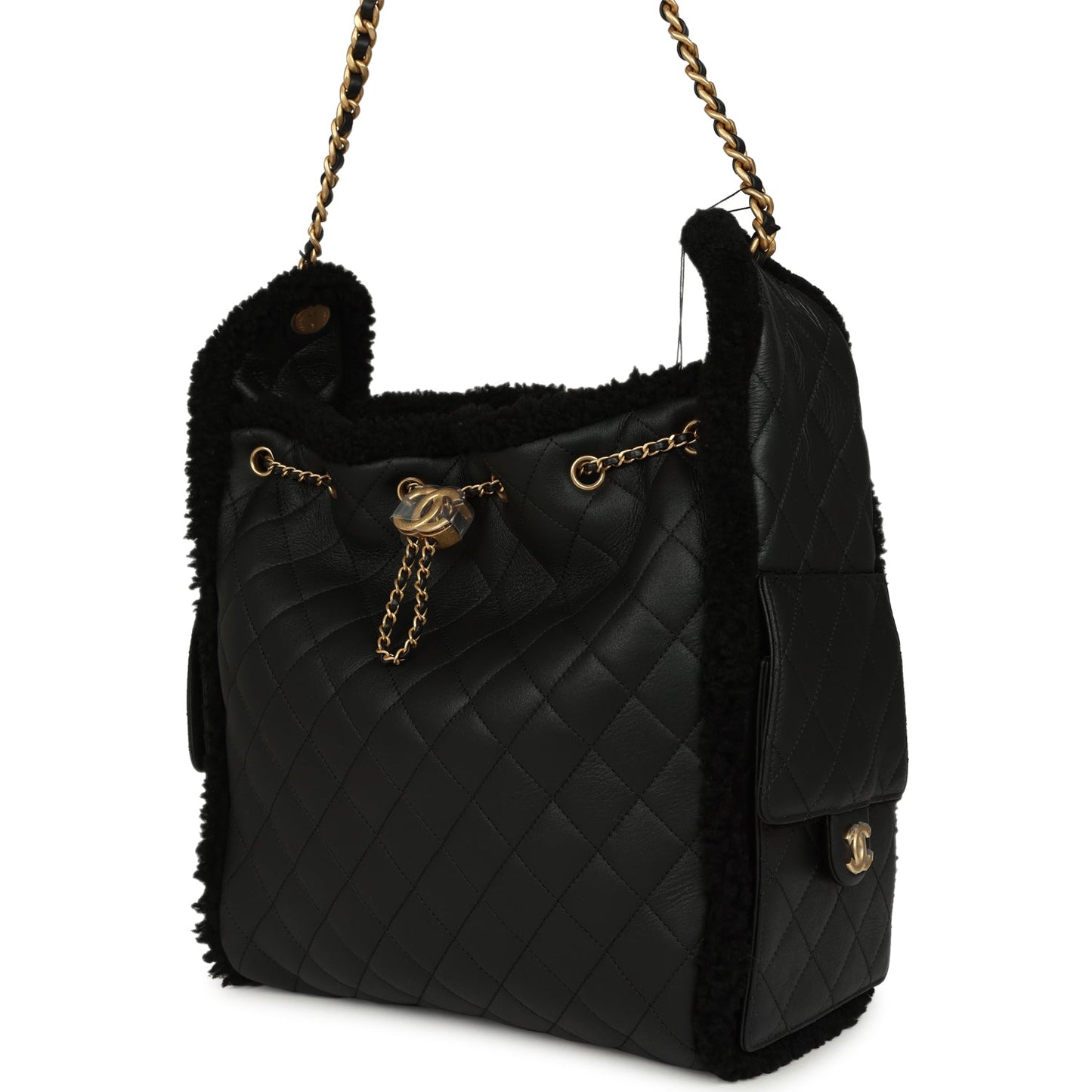 Chanel Medium 25 Hobo Bag Black Crumpled Sheepskin and Shearling Antique Gold Hardware