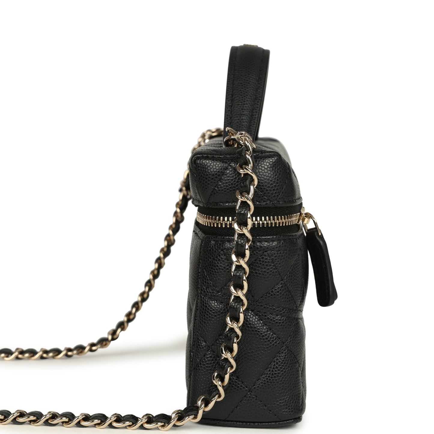 Chanel Top Handle Long Vanity Case with Chain Black Shiny Caviar Light Gold Hardware