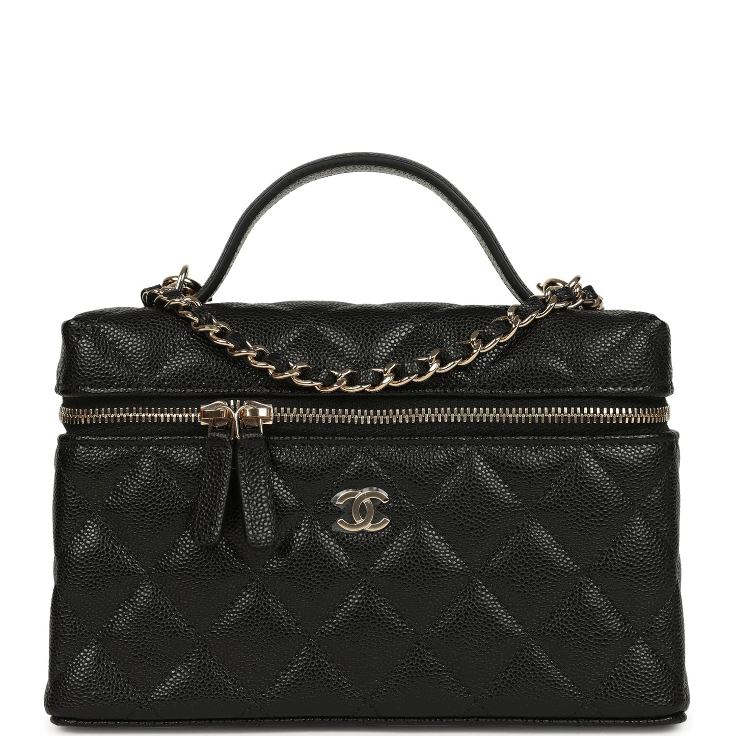 Chanel Top Handle Long Vanity Case with Chain Black Caviar Light Gold Hardware