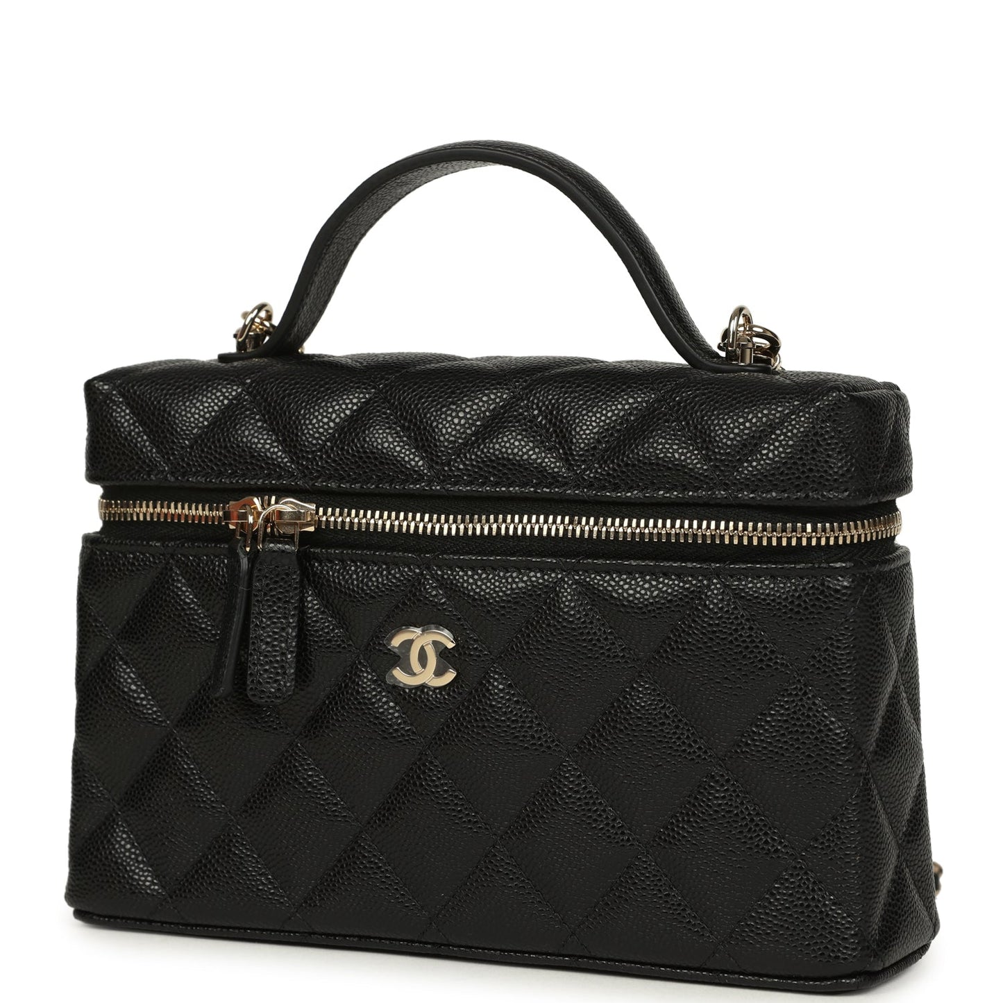 Chanel Top Handle Long Vanity Case with Chain Black Caviar Light Gold Hardware