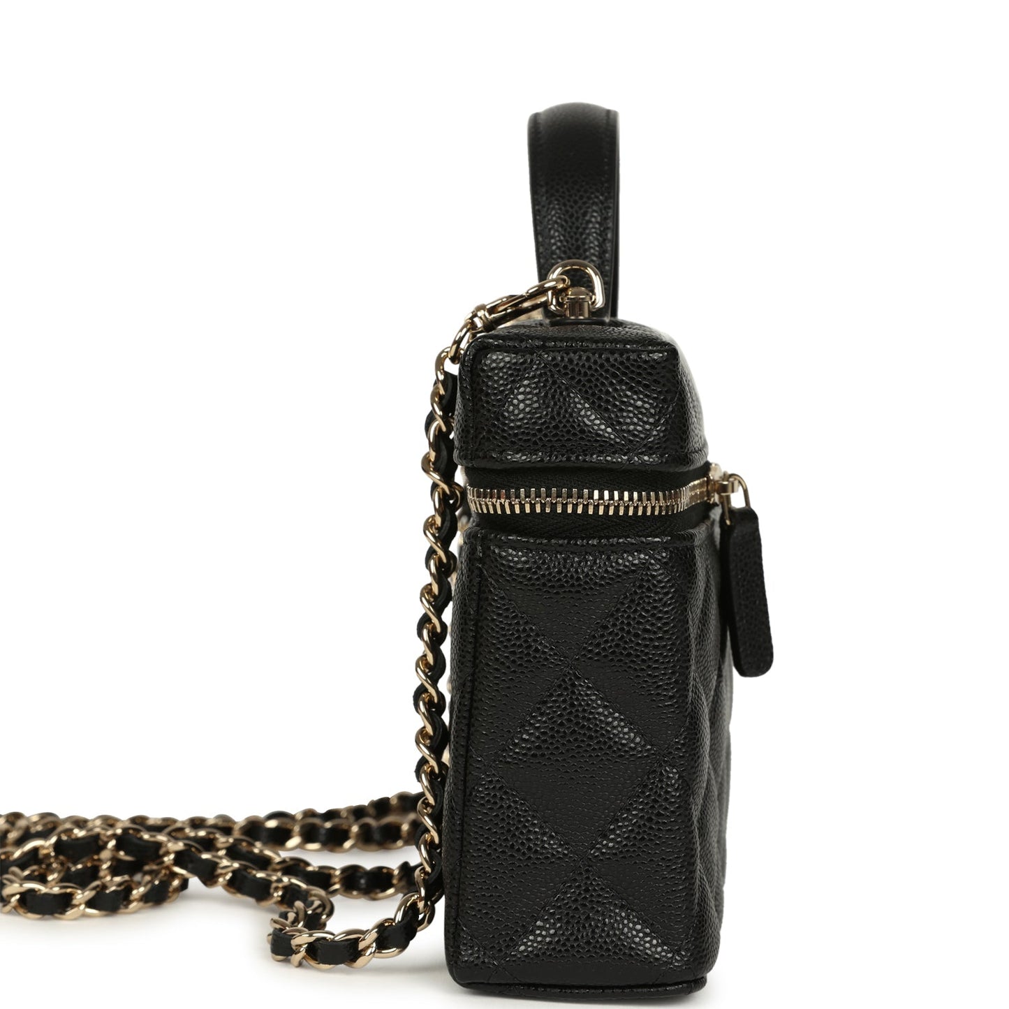 Chanel Top Handle Long Vanity Case with Chain Black Caviar Light Gold Hardware