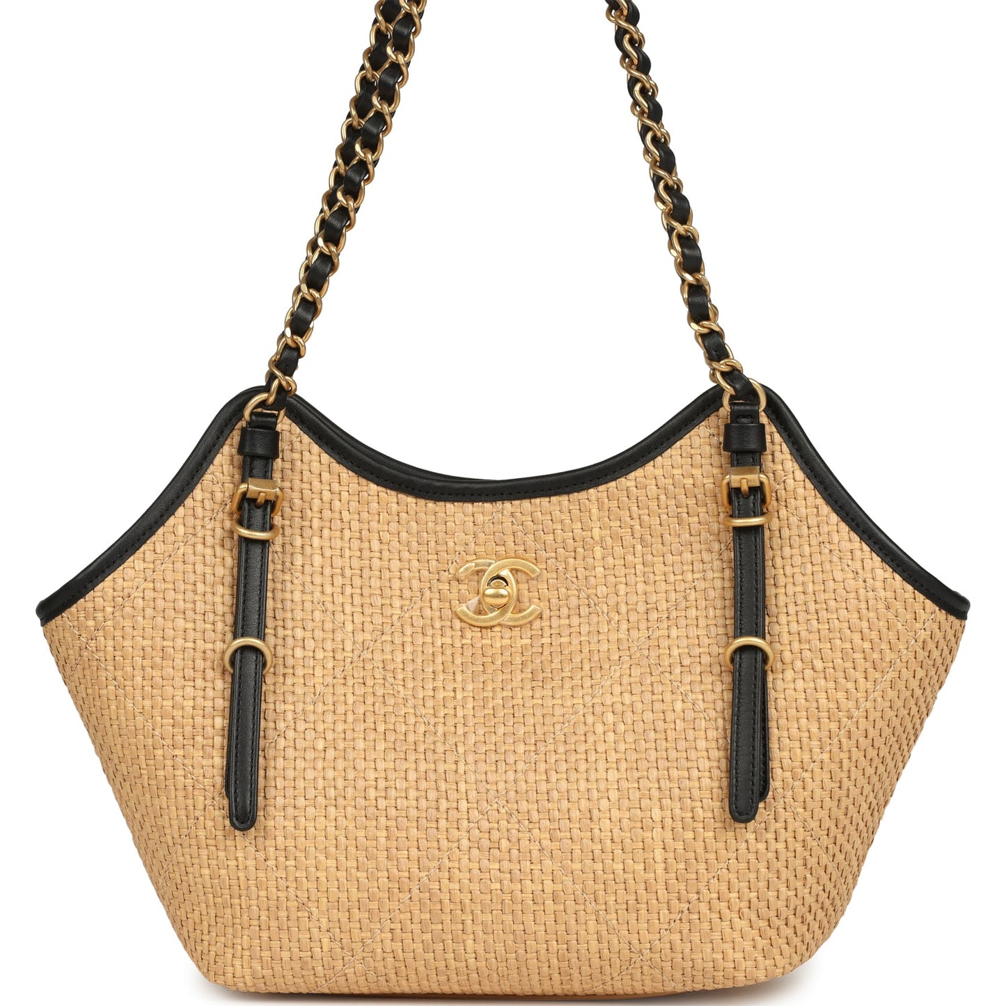 Chanel Small Coco Shopping Bag Raffia and Black Calfskin Antique Gold Hardware