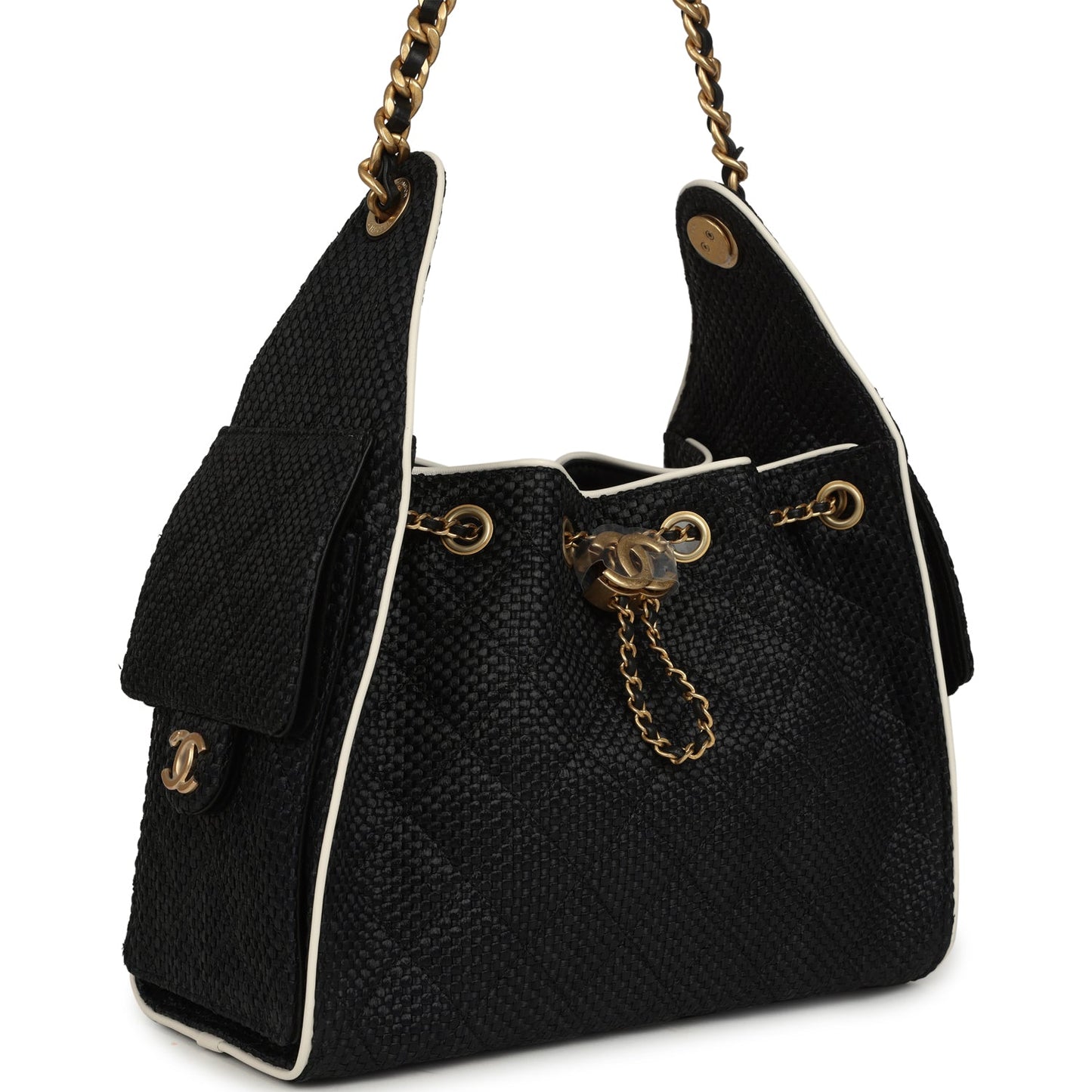 Chanel Small 25 Hobo Bag Black Raffia and White Calfskin Antique Gold Hardware