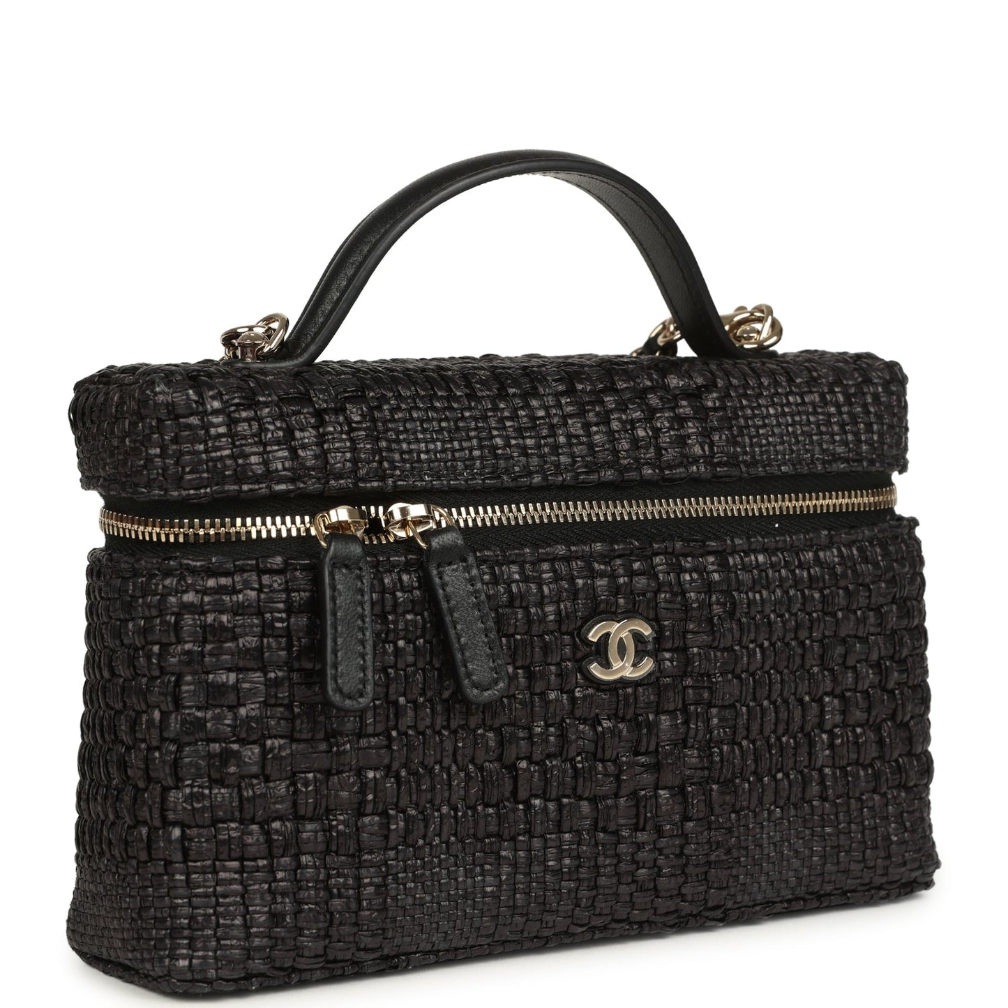 Chanel Top Handle Long Vanity Case with Chain Black Braided Raffia Light Gold Hardware