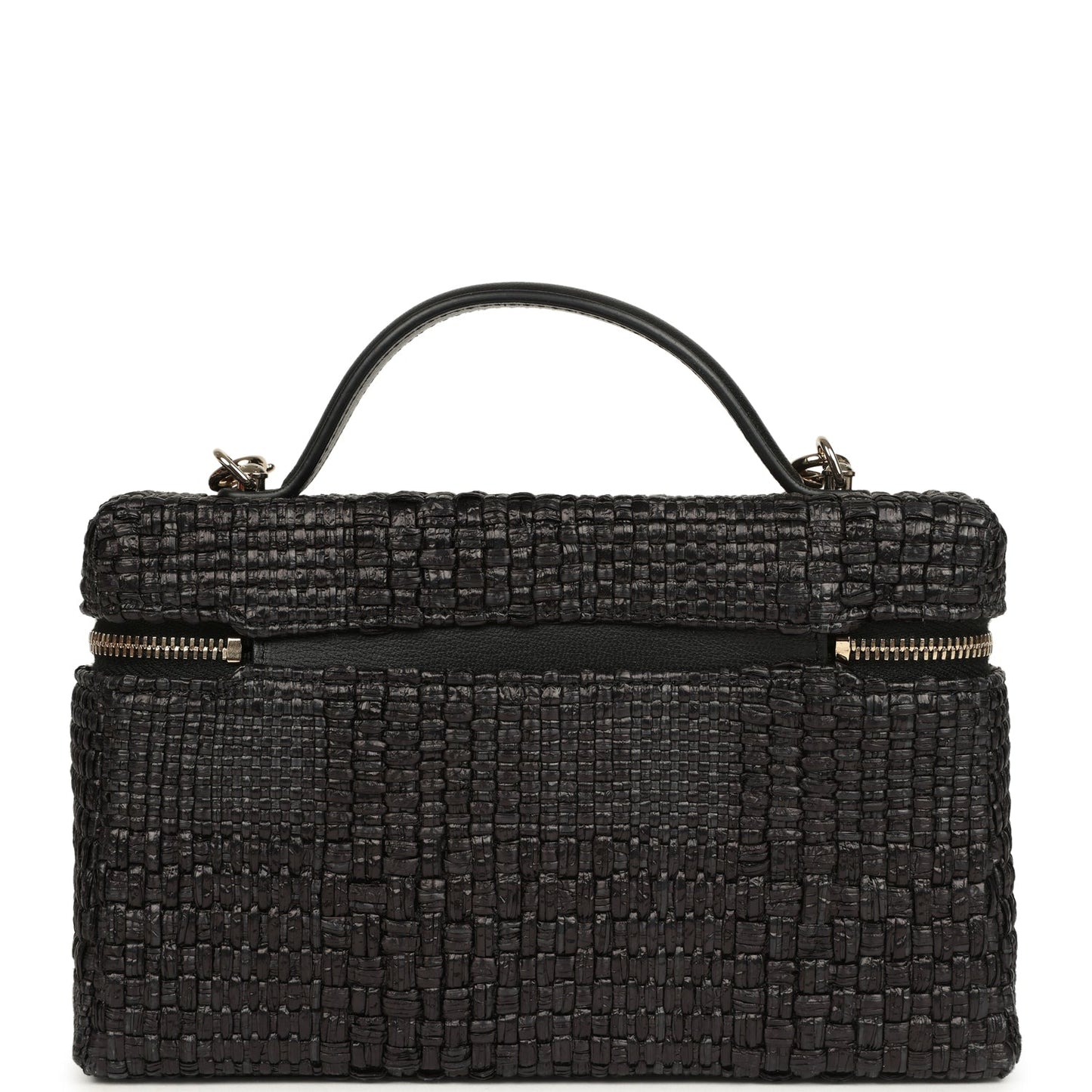 Chanel Top Handle Long Vanity Case with Chain Black Braided Raffia Light Gold Hardware