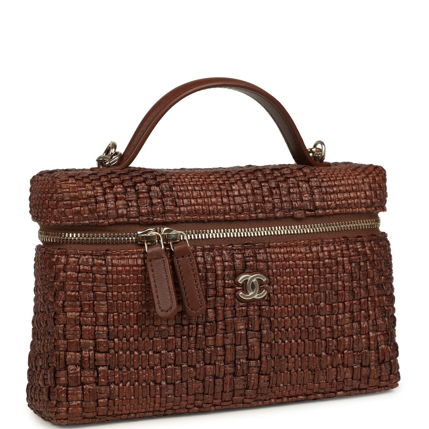 Chanel Top Handle Long Vanity Case with Chain Brown Braided Raffia Light Gold Hardware
