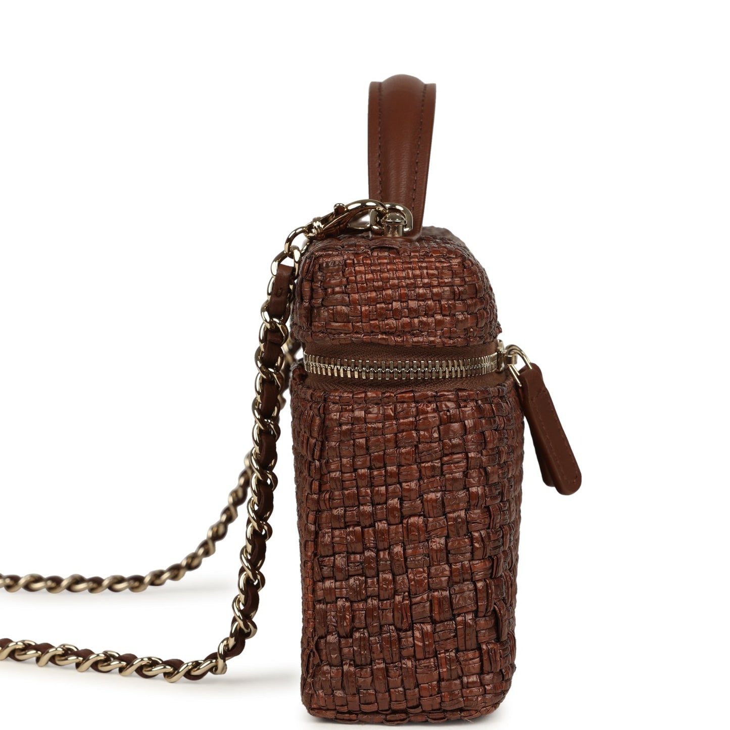 Chanel Top Handle Long Vanity Case with Chain Brown Braided Raffia Light Gold Hardware