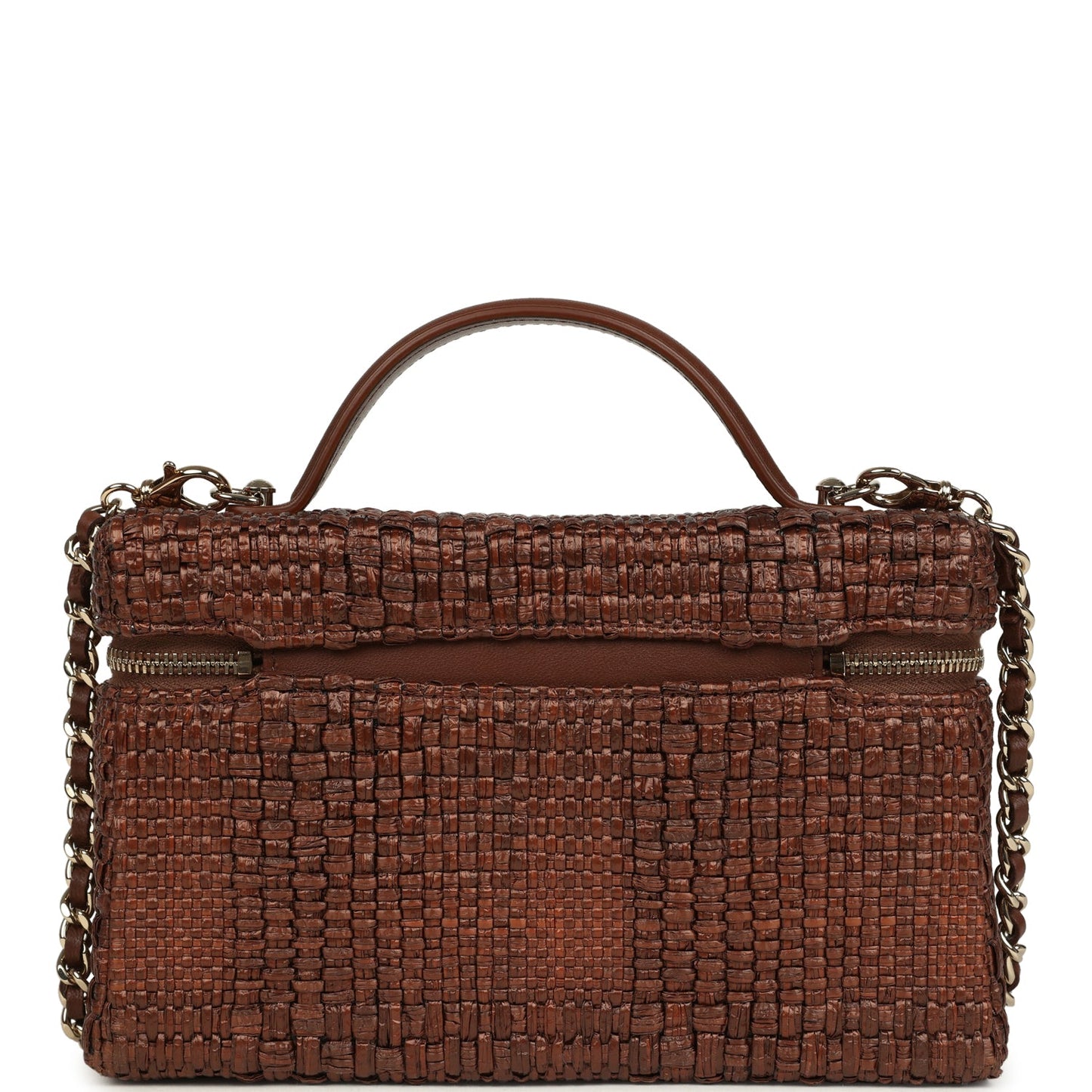 Chanel Top Handle Long Vanity Case with Chain Brown Braided Raffia Light Gold Hardware