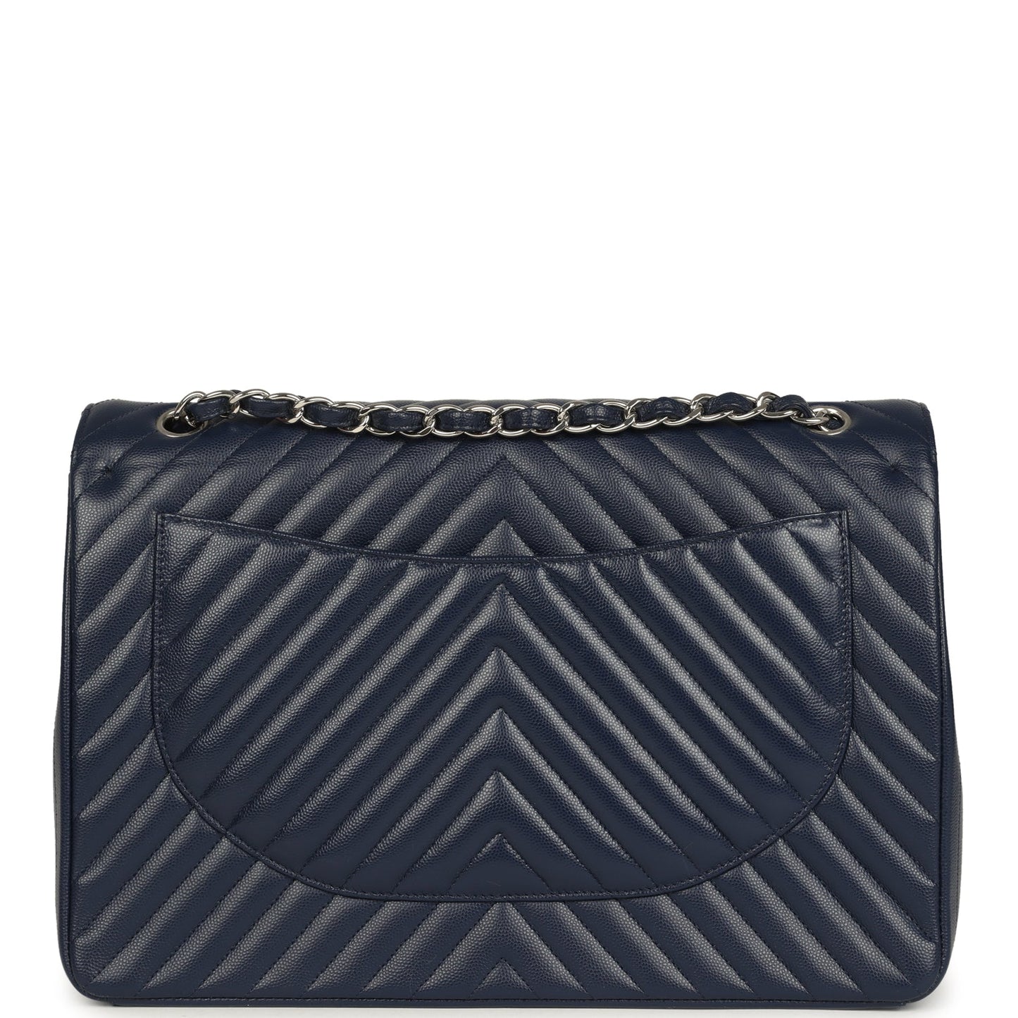 Chanel Maxi Classic Chevron Double Flap Bag Dark Blue Caviar Silver Hardware