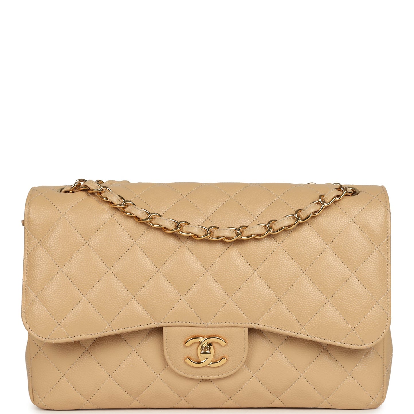 Pre-owned Chanel Jumbo Classic Double Flap Bag Light Beige Caviar Gold Hardware