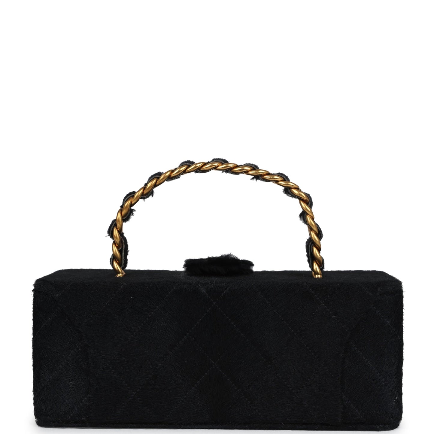 Vintage Chanel Rectangular Vanity Box Black Pony Hair Antique Gold Hardware
