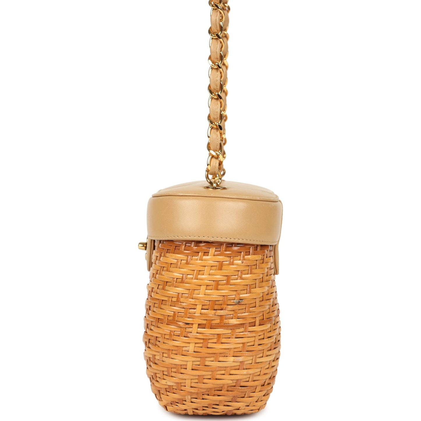 Vintage Chanel Basket Bag Beige Lambskin and Rattan Wicker Gold Hardware