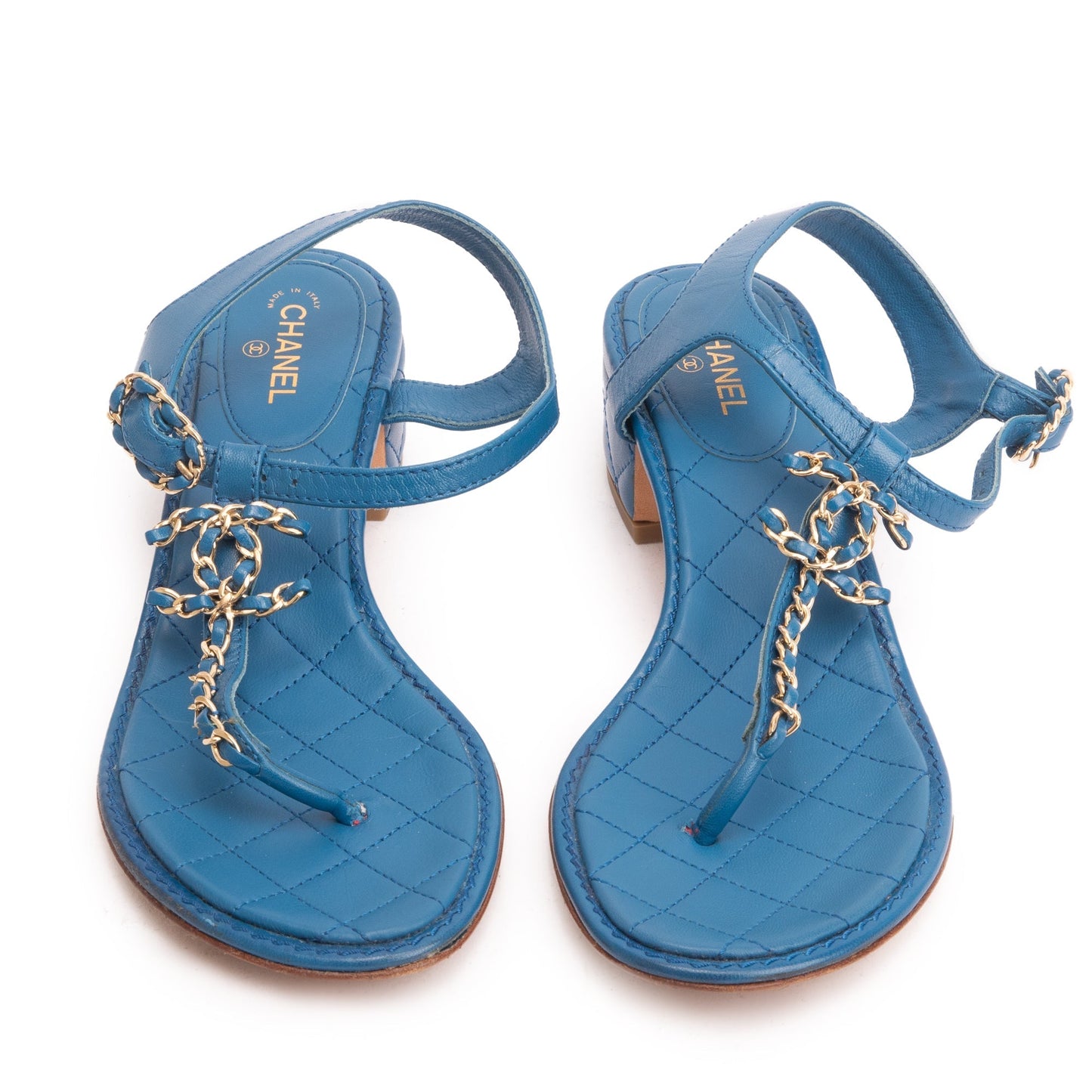 Chanel Blue Calfskin Leather Chain CC T-Strap Sandals, Size 38.5