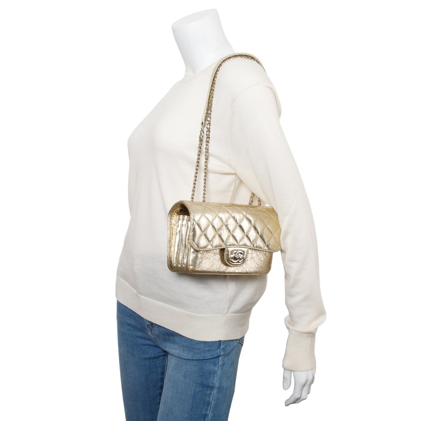 Chanel Metallic Gold Calfskin Leather Small Clams Pocket Flap Bag