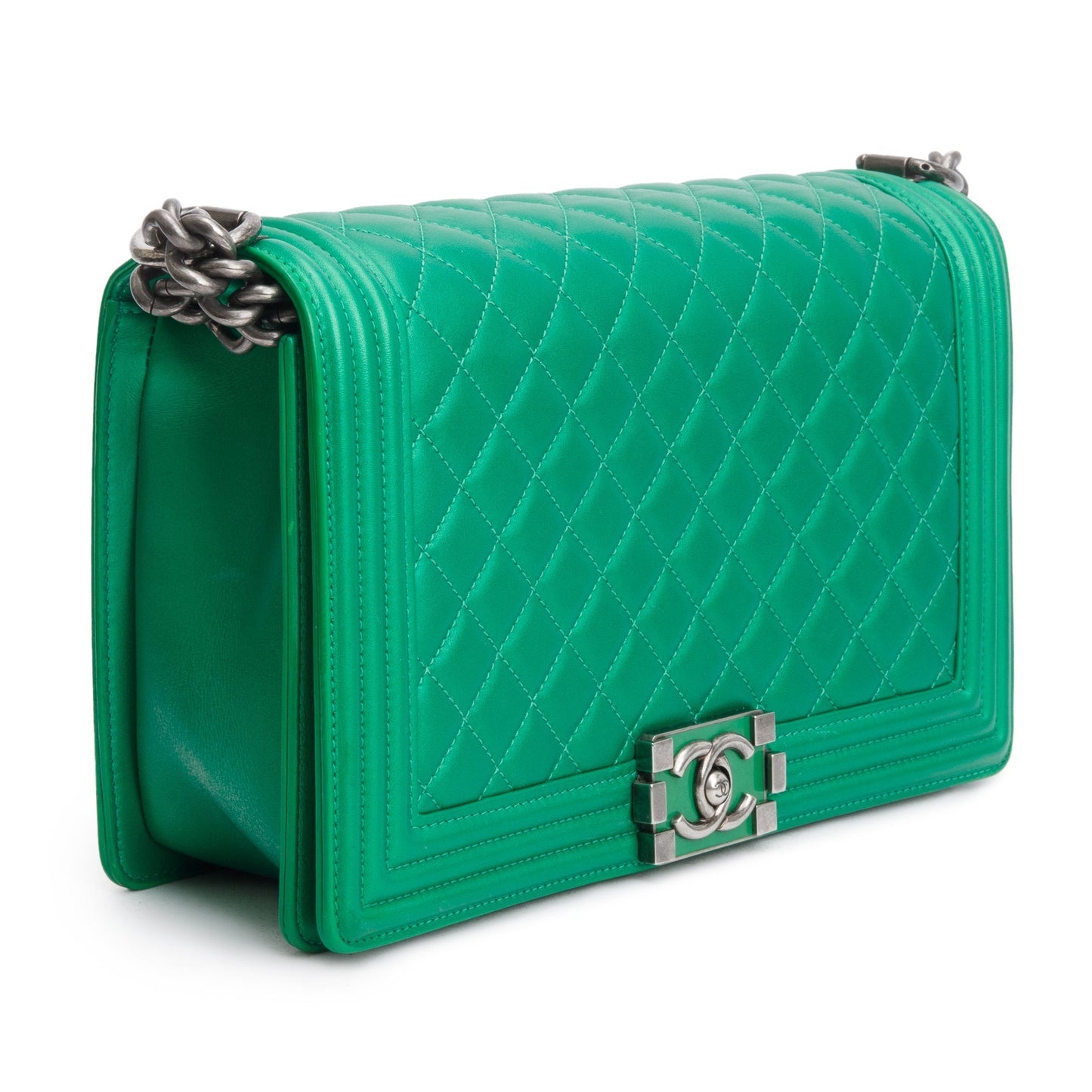 Chanel Metallic Green Quilted Calfskin Leather New Medium Boy Bag