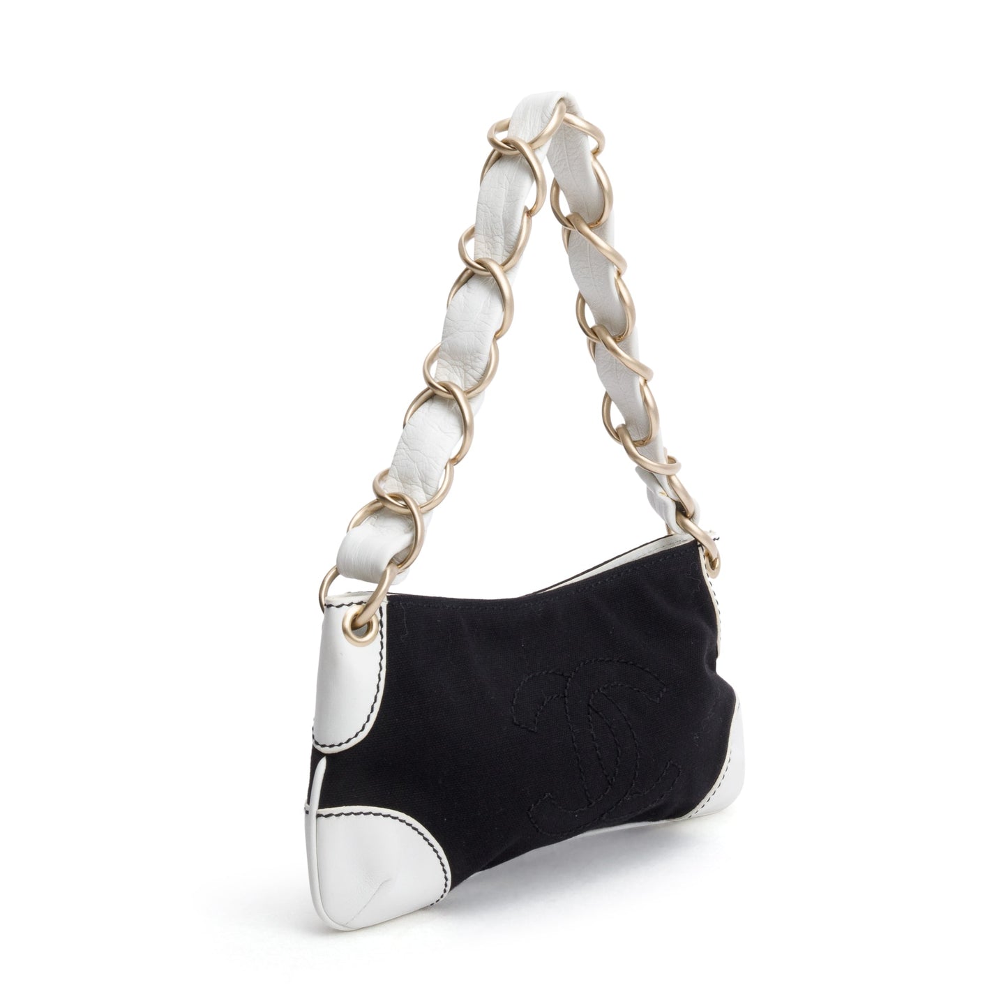 Chanel White Calfskin Leather Trim Black Canvas Olsen CC Pochette