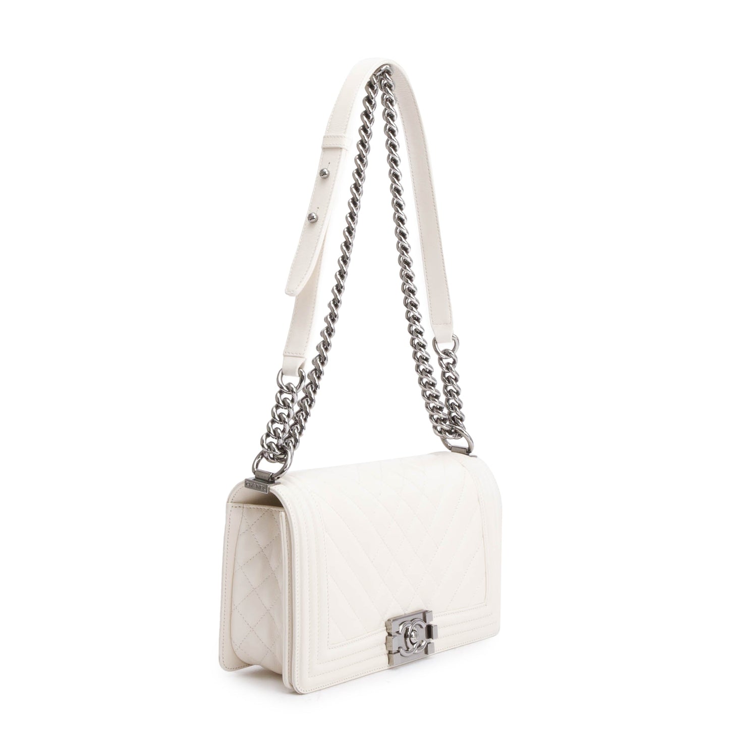 Chanel White Quilted Calfskin Leather Medium Boy Bag