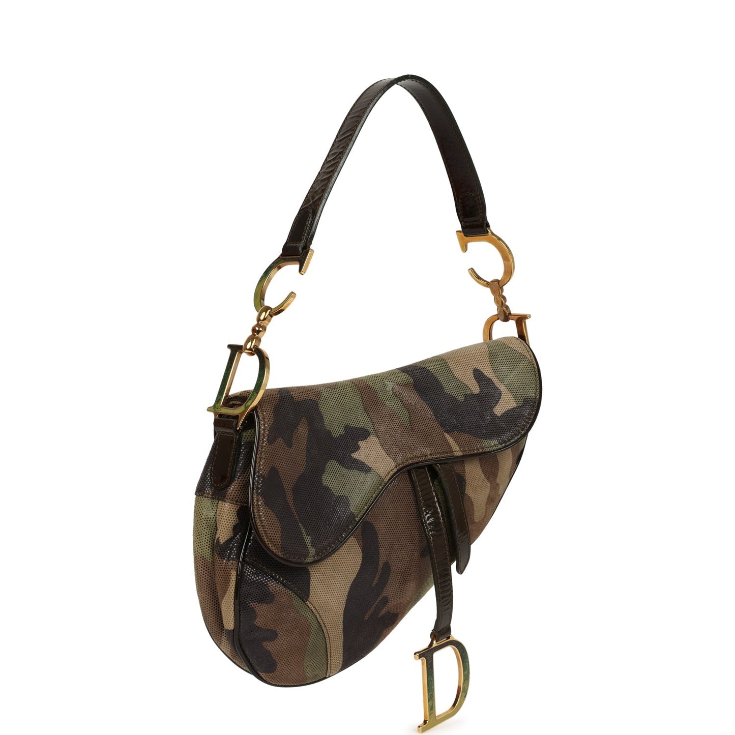 Vintage Christian Dior Camouflage Saddle Bag Green and Brown Suede Gold Hardware