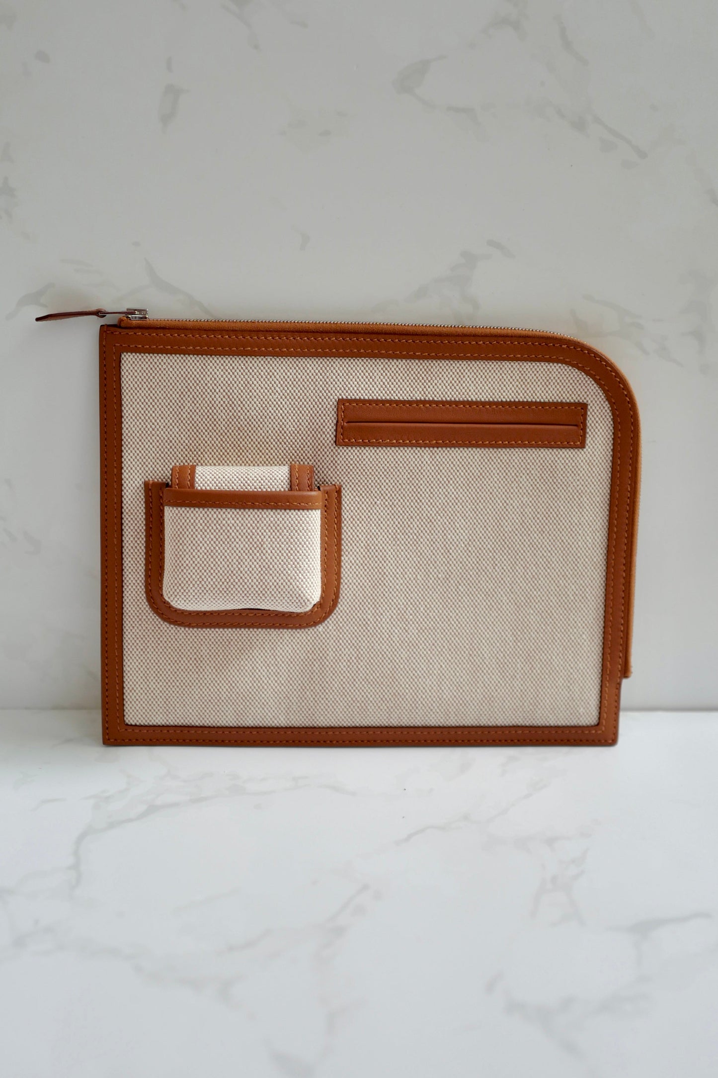 BNIB Hermès H Swift Canvas Cargo Travel Pouch in Ecru-Gold with Palladium HW