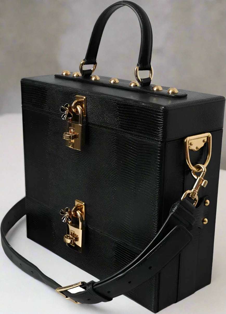 Dolce & Gabbana Black Lizard Embossed Double Box Bag