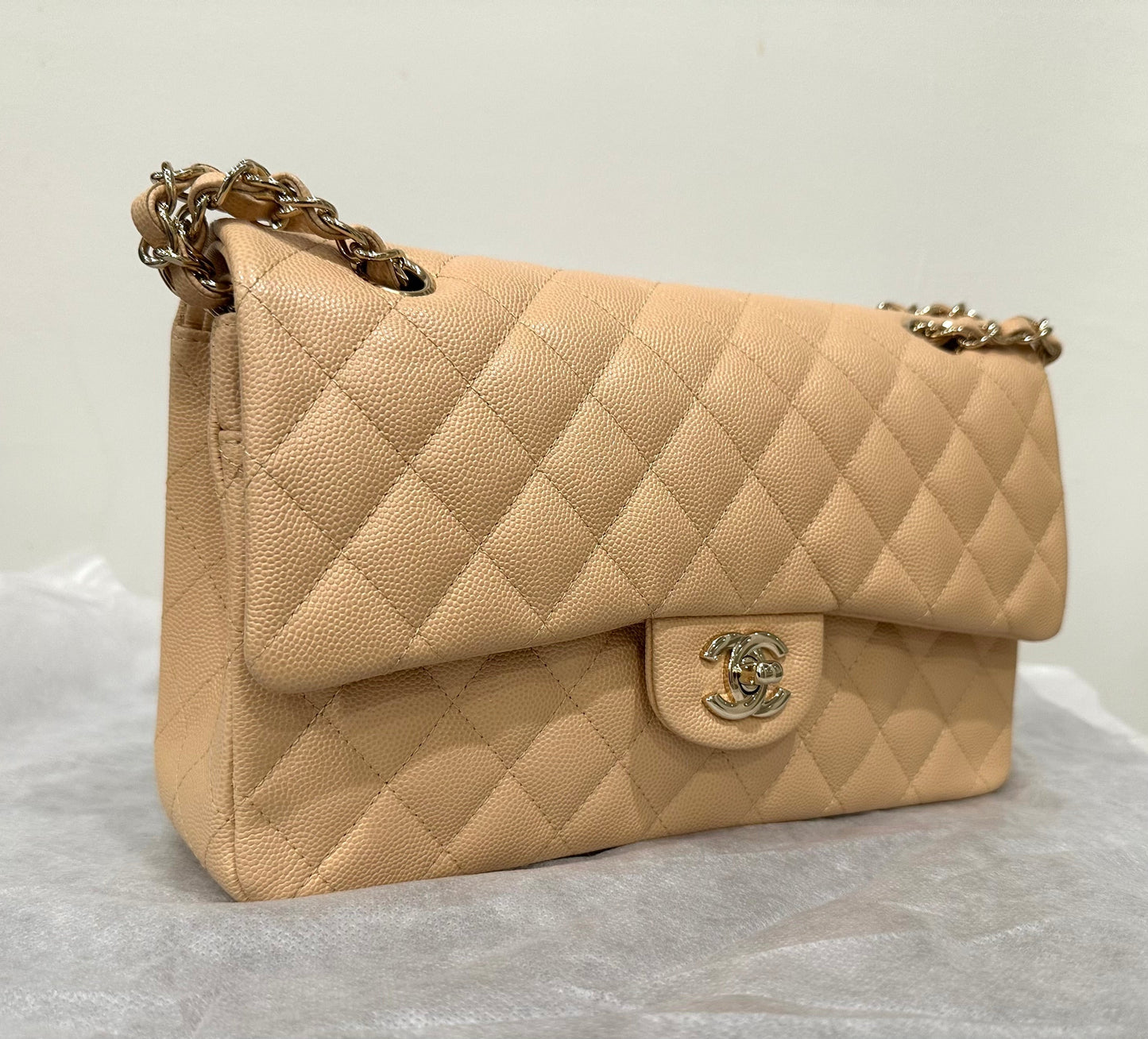 Chanel Medium Classic Handbag in Beige Caviar and Gold-Tone Metal