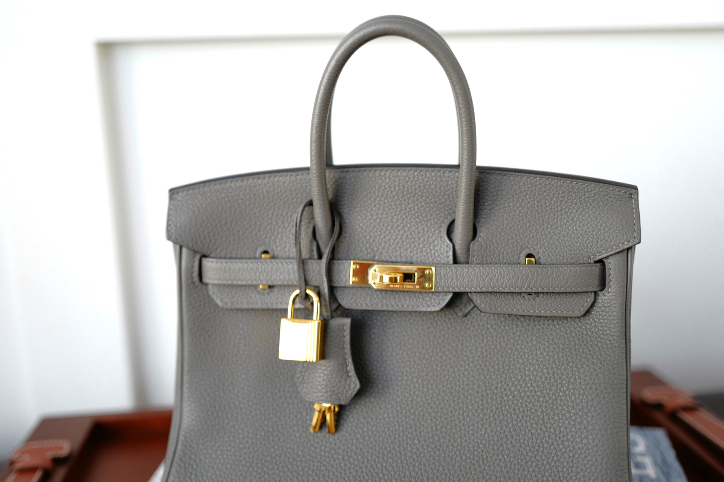 NEW Hermes Birkin 25 Gris Meyer Togo Gold Hardware Complete With Receipt