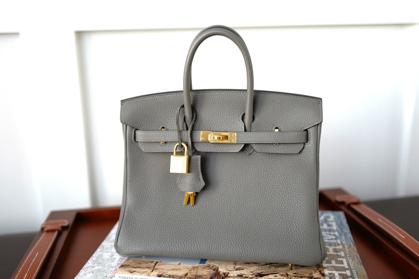 NEW Hermes Birkin 25 Gris Meyer Togo Gold Hardware Complete With Receipt