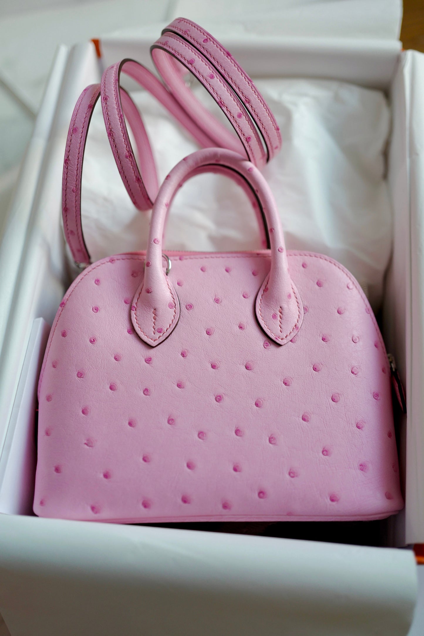 BNIB Hermes Bolide 1923 Mini Ostrich Rose Bubblegum 5P Pink With Crossbody Strap